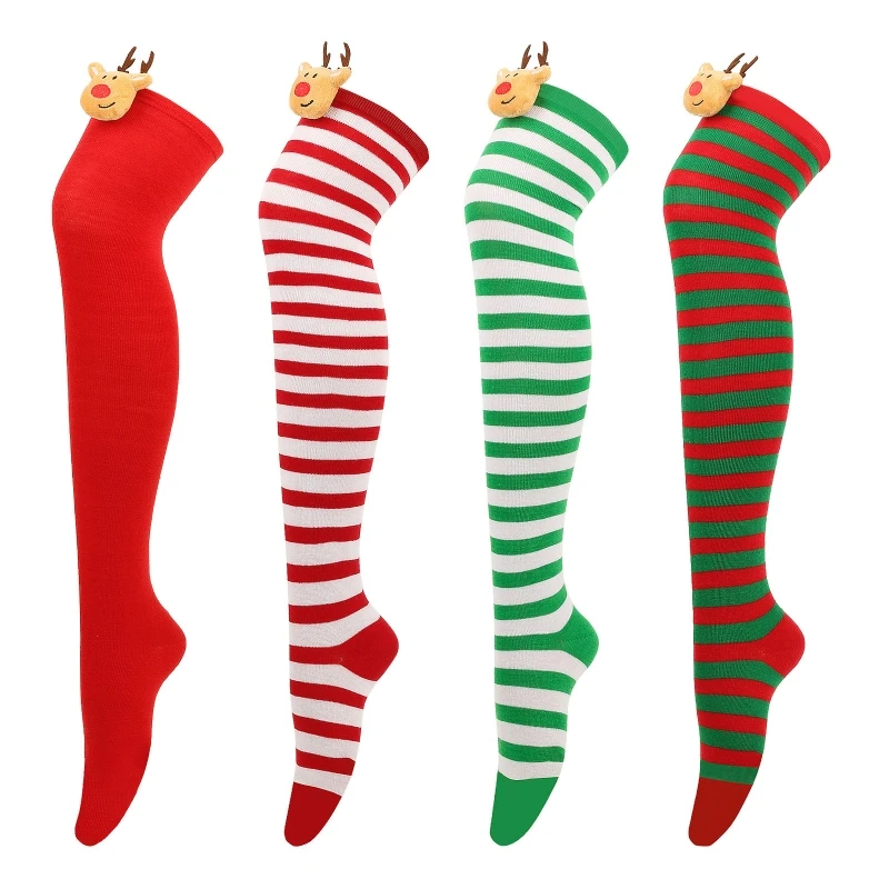 Women Holiday Thigh High Long Socks 3D Elk Christmas Stripe Stockings Hosiery