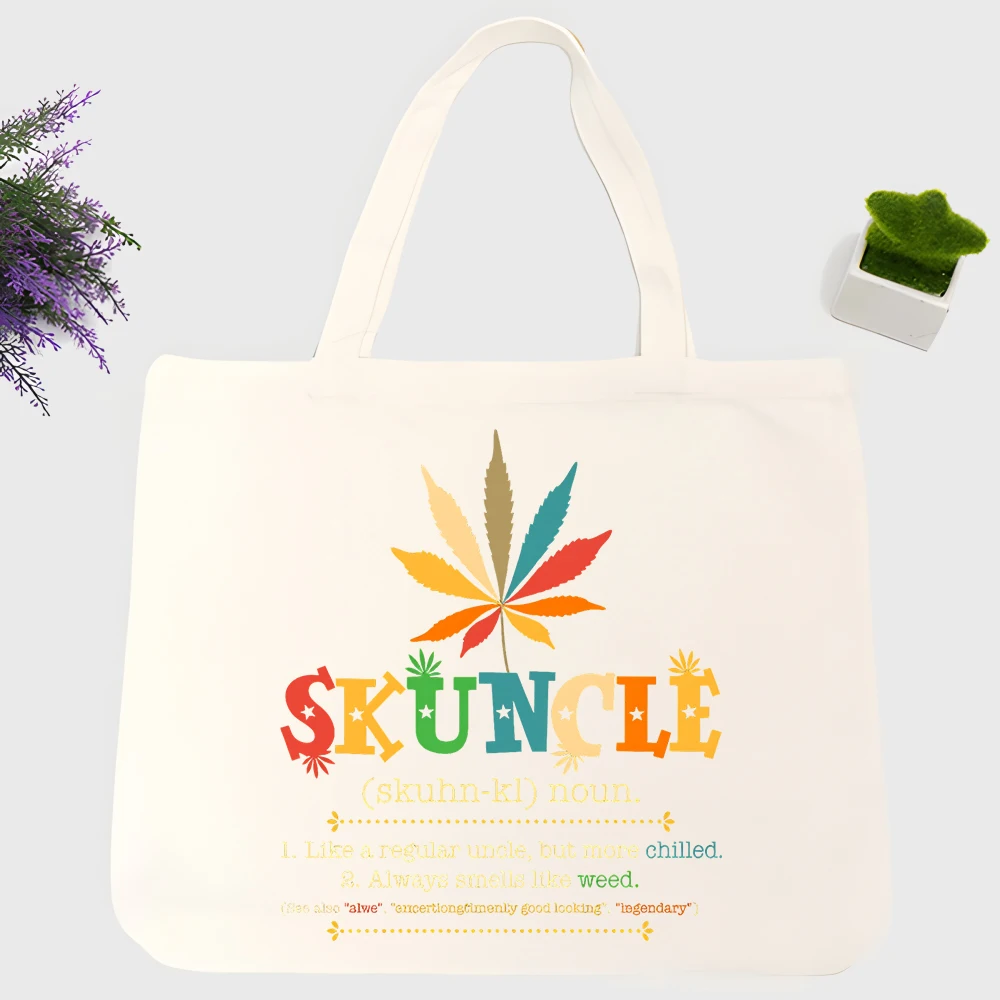 Uncle's slogan-style canvas tote bag with leaf graphic, casual style for daily use and weekend outings