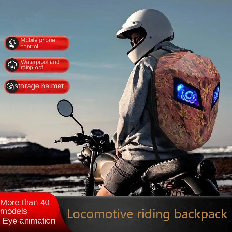 Mochila de motocicleta con patrón de caballero Led luminoso, casco de concha, Mochila impermeable para montar en motocicleta, bolsa para hombre y