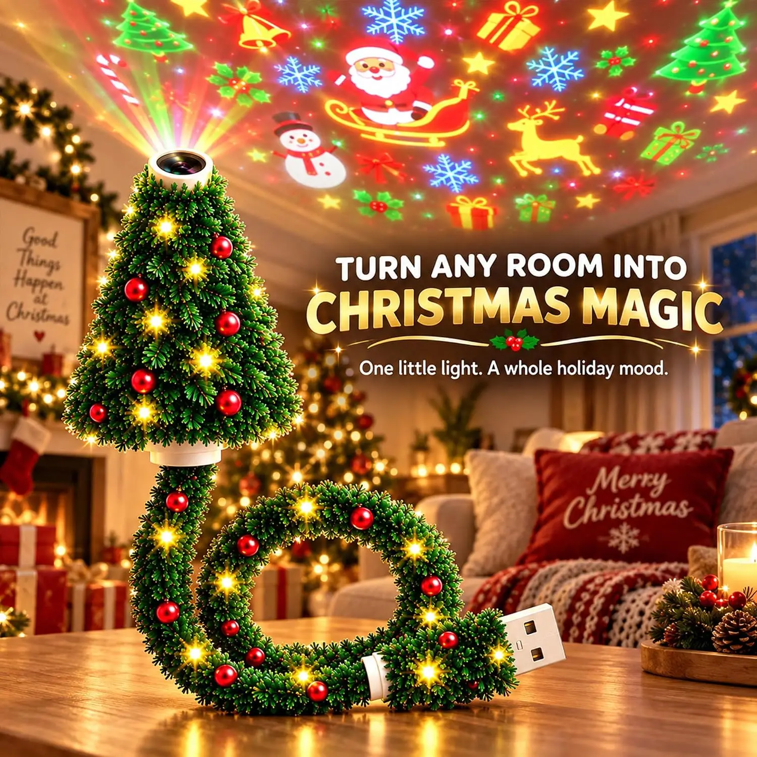 Tchristmas Tree Night Light Projector Usb 6 Pattern Slides Santa Reindeer Snowflake Warm White Kids Room Holiday Gift