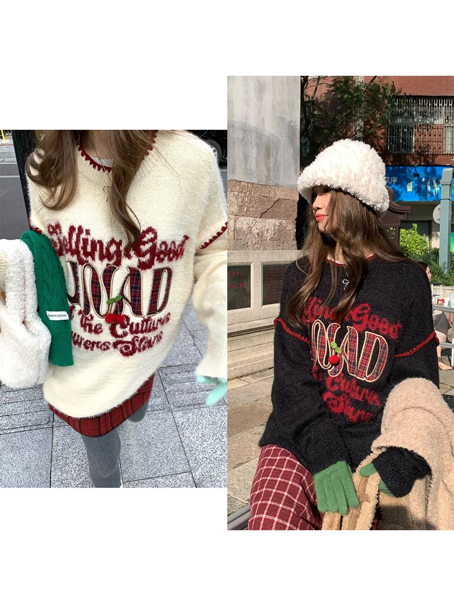 

COK Women's Plaid Letter Wave Fce Knitwear Winter American Sle Overhead Long Sve round Ne Regular Length