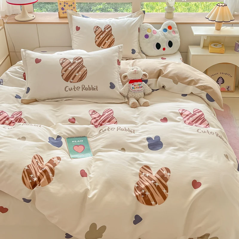 Cotton Cute Animal Theme Duvet Cover Set Colorful Love Pattern Bedding Letter Print Single Double Quilt Cover（2 Pillowcases）