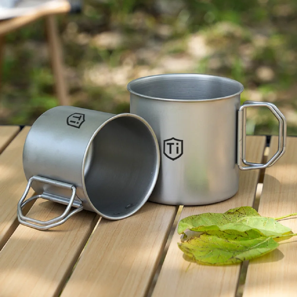Ultralight Titanium Coated Portable Coffee Cup Foldable Handle Lightweight Water Mug Beaker for Outdoor Camping Picnic