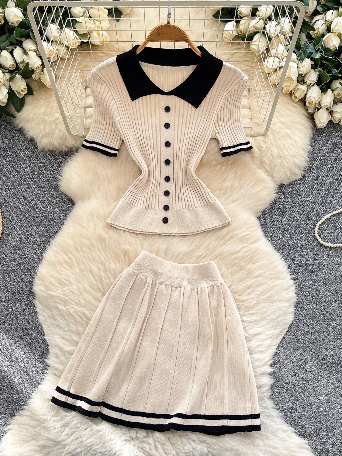 

Моющаяся плиссированная юбка с высокой талией и трикотажный комплект ort Sve irt из двух предметов, топ с воротником контрастного цвета, французский слэ