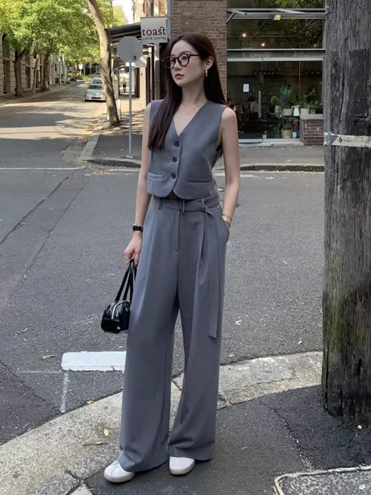 

Chic Summer ort Vest Top High Waist Wide Leg Casual Pants Set Versatile Cotton Blend Tie Design Two Piece Faion Ensemble