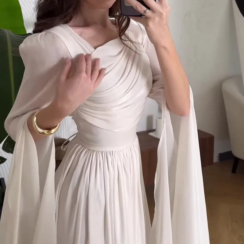 Elegant Slant Shoulder Draped Gowns Dress Casual Split Long Sleeve Solid Party Dress Women Fashion Hight Waist Slim Long Dress - Image 6