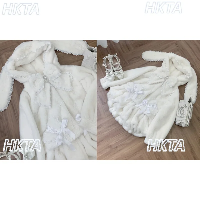 Original Japanese White Rabbit Ear Plush Soft Bud Fur Jacket Women Autumn and Winter New Luxury Lace Hooded Fur Coat Mini Skirt