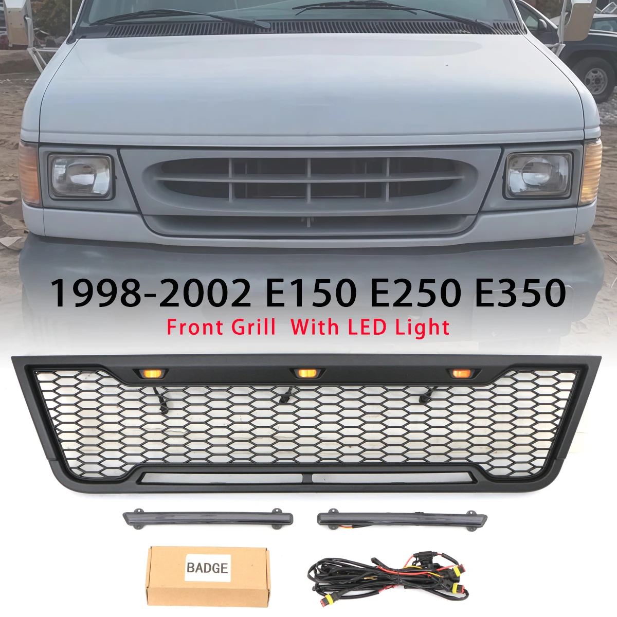 Parrilla delantera con barra de luz apta para Ford VAN E150 E250 E350 1998-2002 rejilla negra