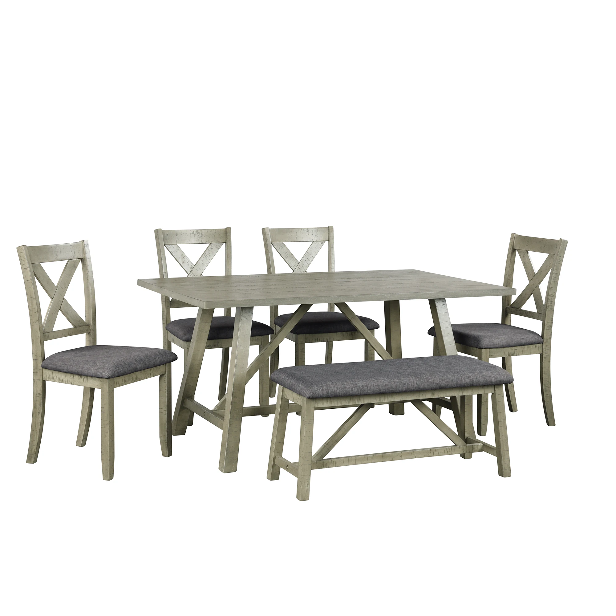 

6 Piece Dining Table Set Wood Dining Table and chair Kitchen Table Set with Table, Bench and 4 Chairs, Rustic Style, Gray