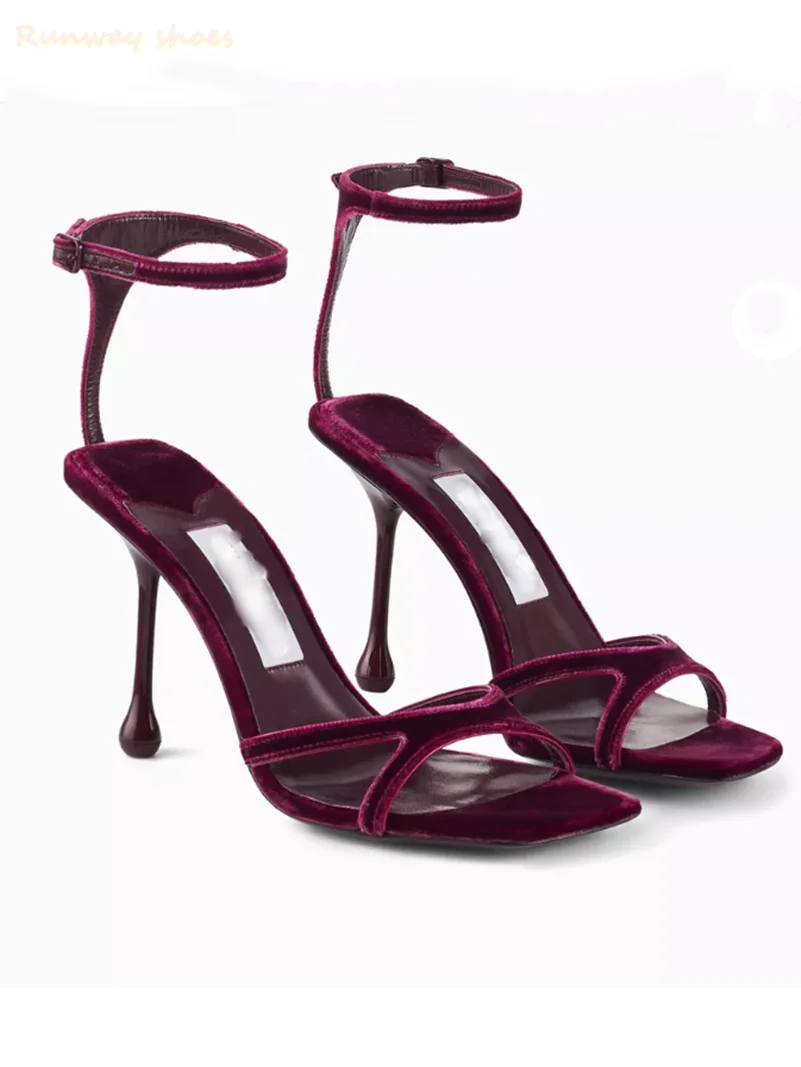 

Single Buckle Strap Purple Velvet Fabric Summer Sandals Water Droplets Stilettos Square Head With Exposed Toes Banquet Shoes