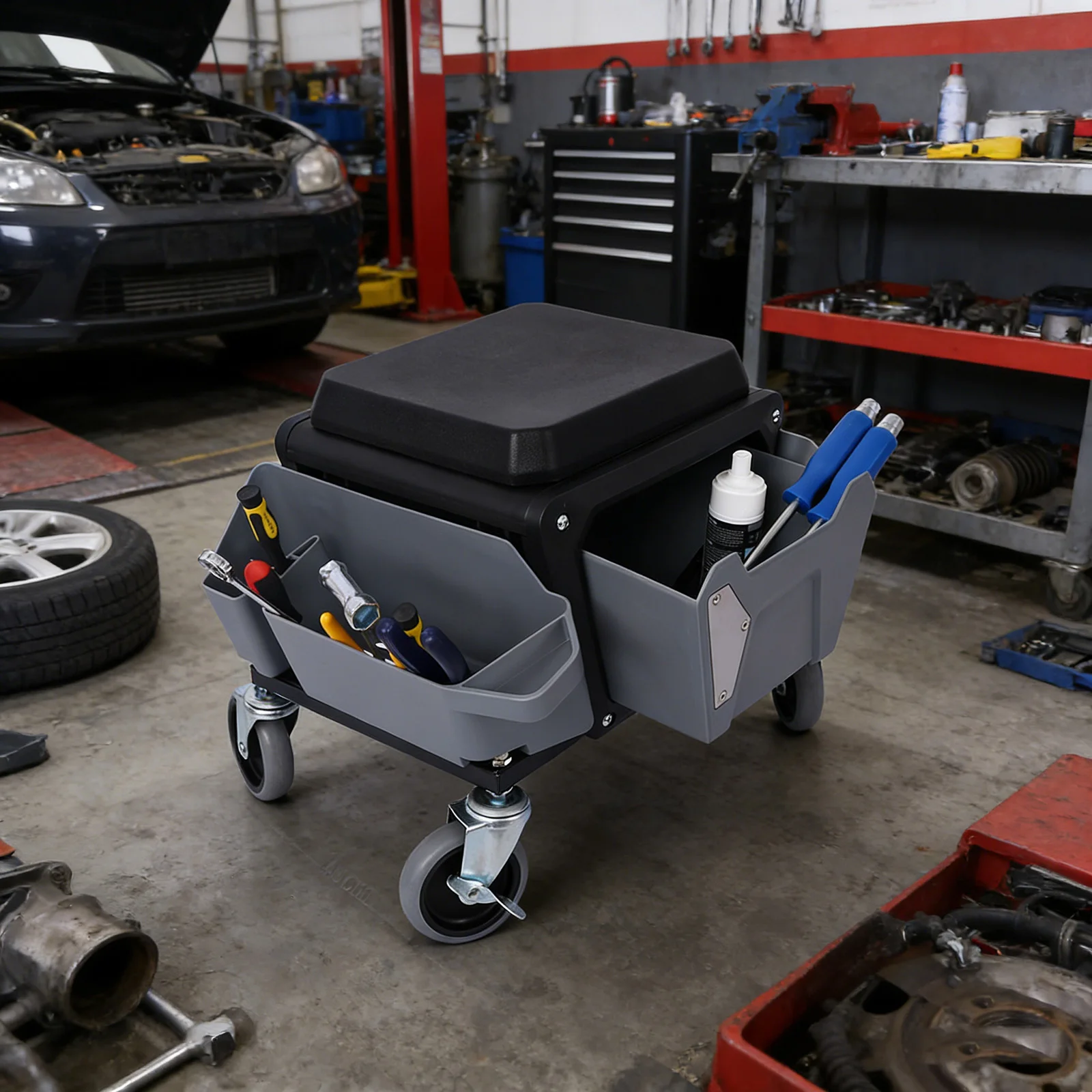 

Heavy Duty Mechanic Stool, Rubber Cushion Seating Auto Mobile Rolling Mechanics Stool with Storage Bucket for Workshop Warehouse