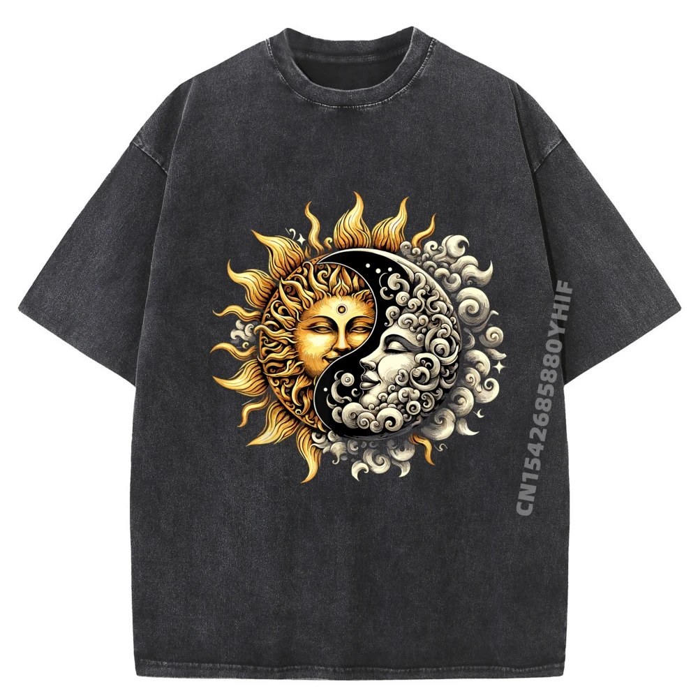 

Футболка с принтом Солнце и Луна Инь Ян Свободная женская футболка Футболки с графическим рисунком Хип-хоп Уличная стираная футболка