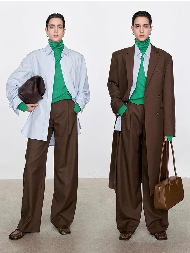 

Retro High Waist Wide Leg Pants Fine Spun Wool Slim Fit Casual Trousers for Women Straight Cut Pure Color Autumn Collection