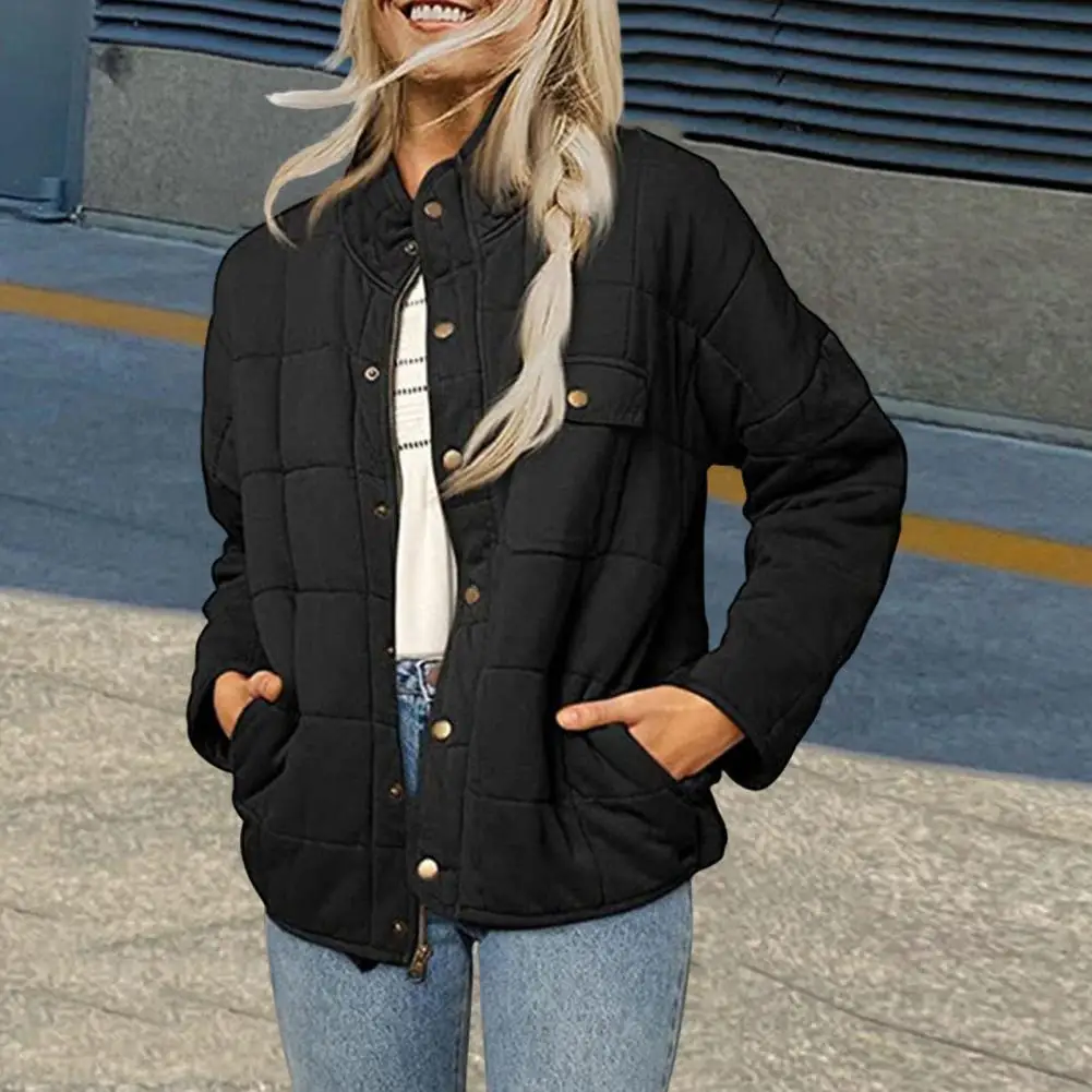 Style Jacket Stylish Winter Coat With Stand Collar Chest Pocket For Women Padded Thick Jacket For Commute Travel Solid Color