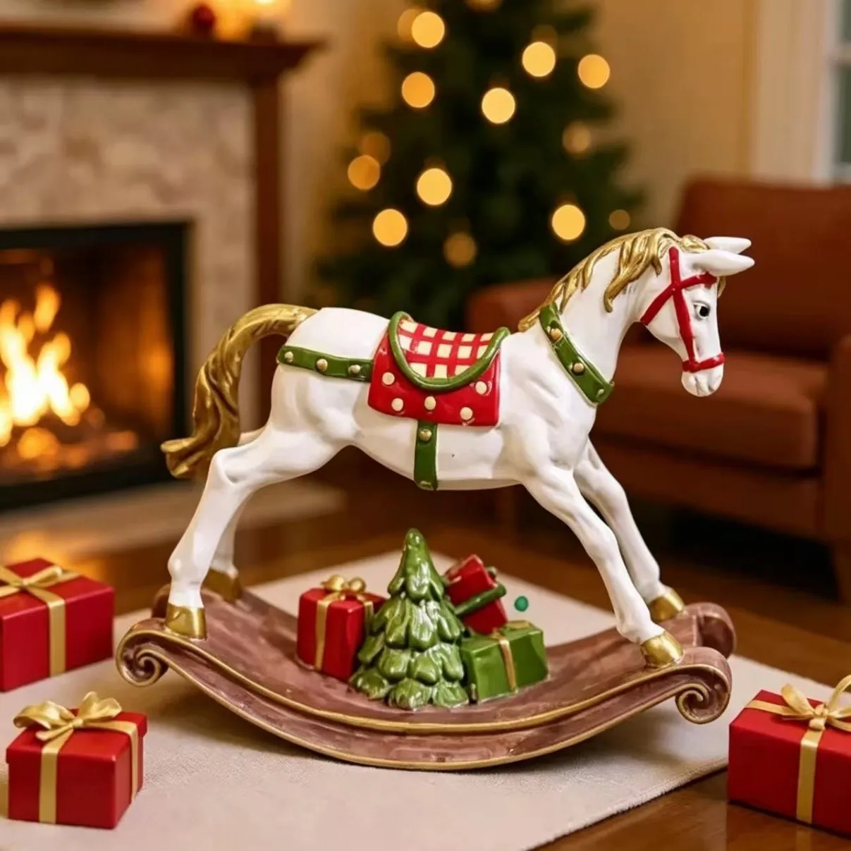 Retro Christmas Resin Rocking Horse Statue Red Hand‑Painted Figurine with Mini Christmas Tree Home Decoration Xmas Holiday Gift