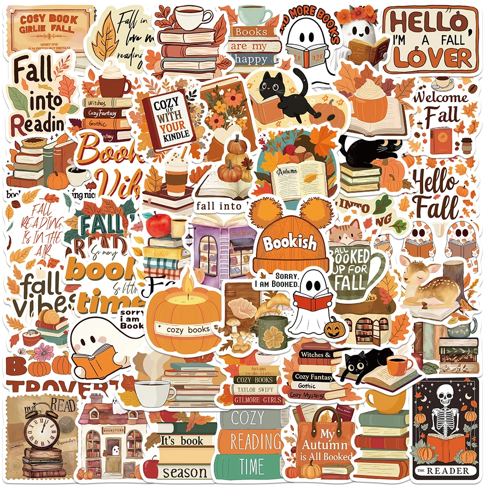 

50PCS Bookish Fall Stickers Retro Style Graffiti Decals For Fridge Guitar Hand Account Notebook Cartoon Waterproof Stickers