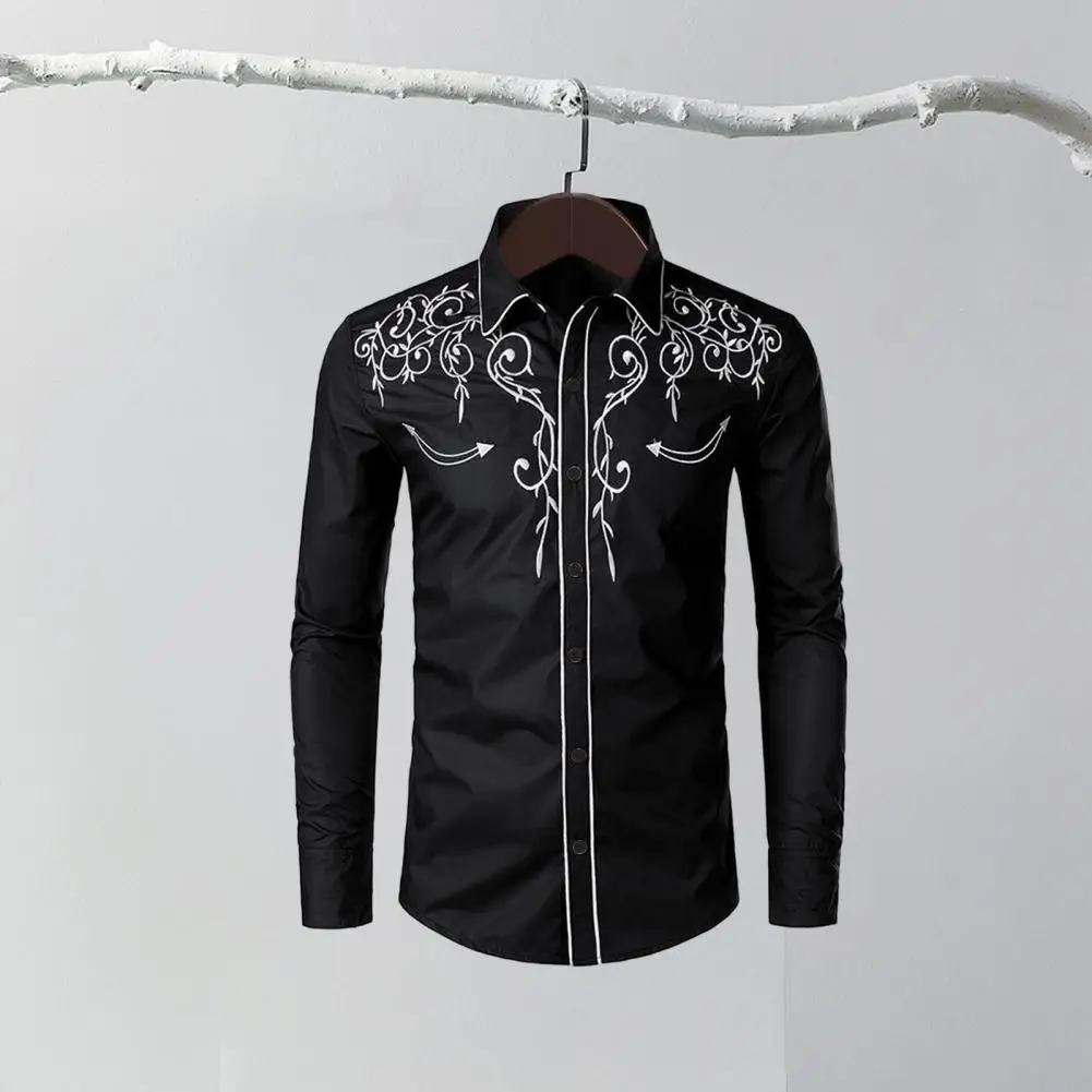 Camisa de vaqueiro ocidental bordada com gola de lapela masculina, design slim fit, blusa manga comprida, roupas elegantes, verão