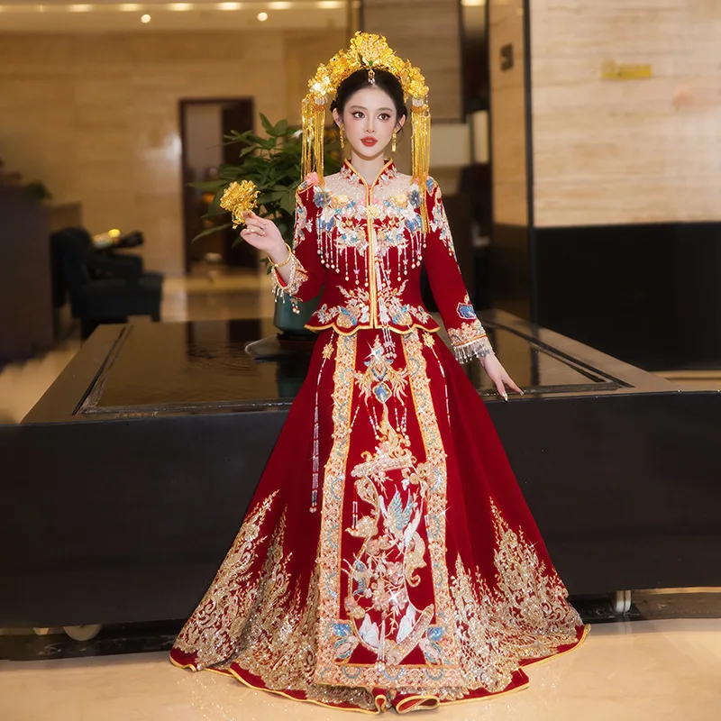 

Новая китайская пара, винтажный воротник-стойка, Cheongsam, тост, одежда, костюм, свадебное платье с вышивкой дракона и феникса