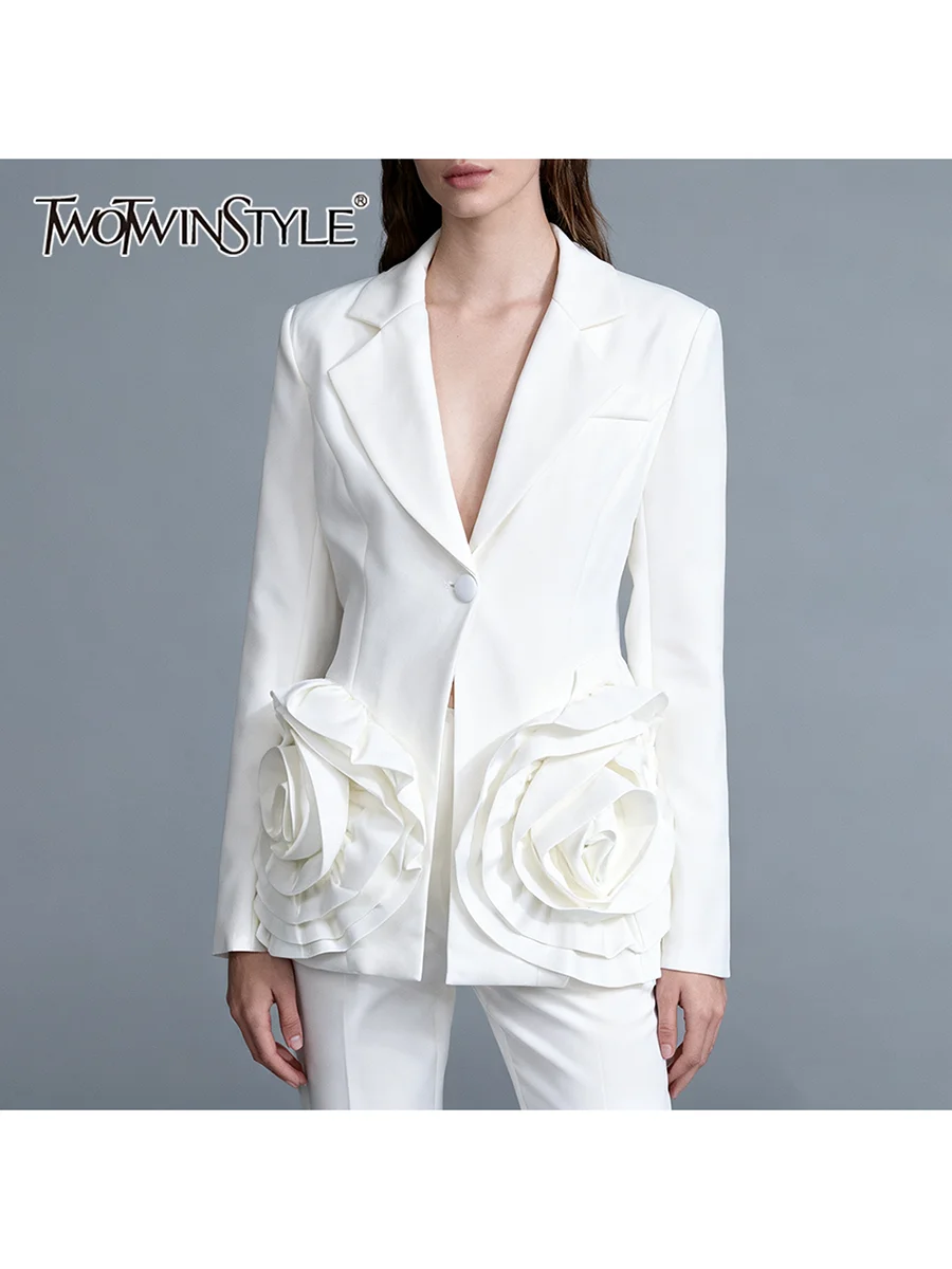 

TWOTWINSTYLE Solid Slimming Spliced 3D Flower Elegant Blazers for Women Lapel Long Sleeves Tunic Basics Blazer Female Clothing