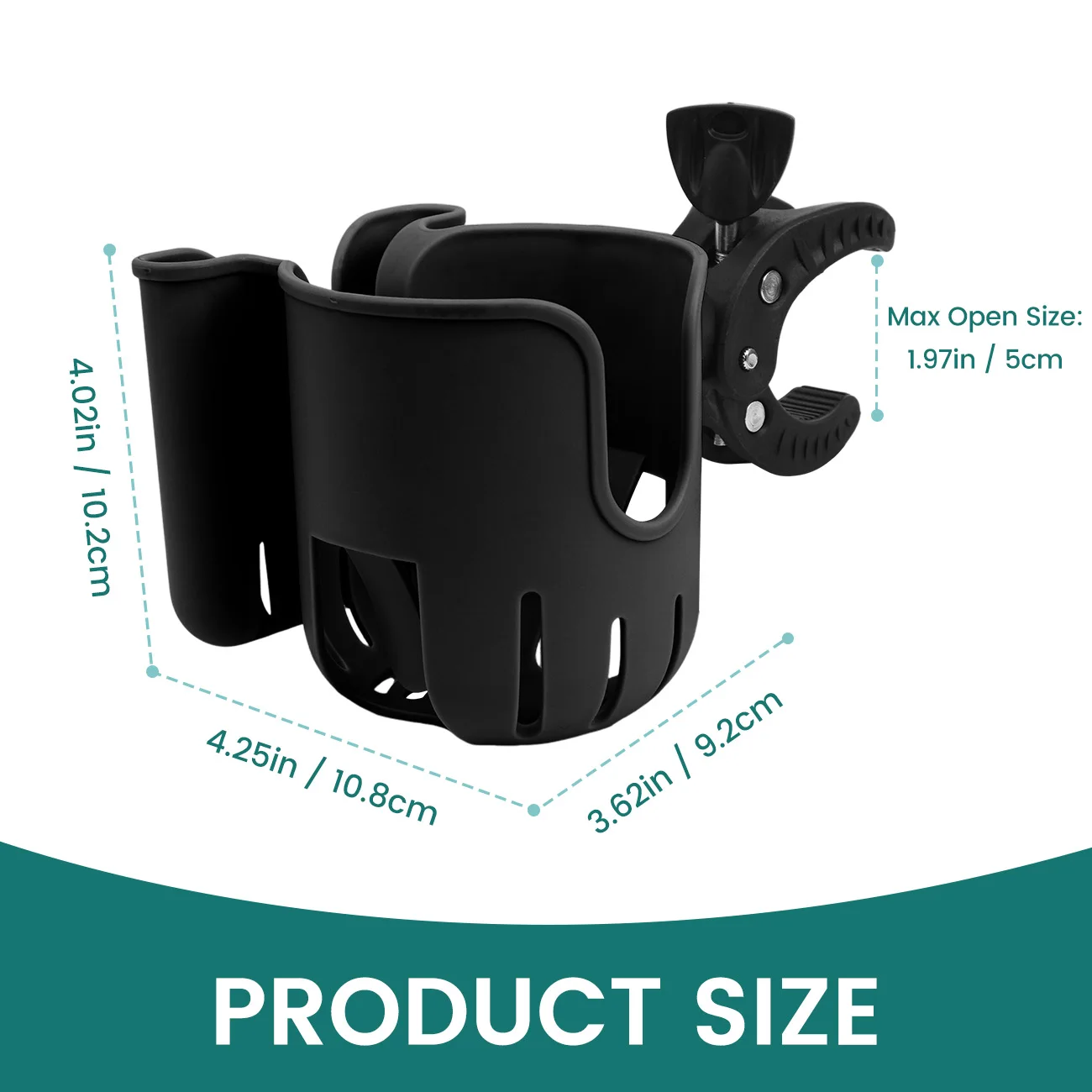 Universal 2-in-1 Stroller Drink Holder with Phone Pocket, 360° Rotatable Adjustable Clamp Cup Holder, Outdoor Stroller Organizer