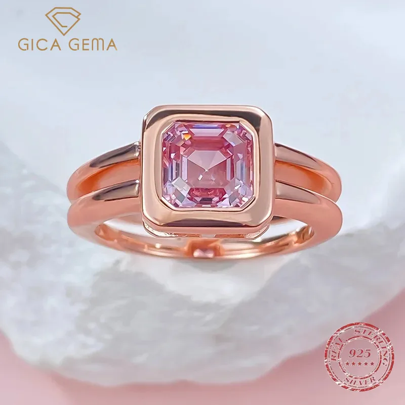 

Gica Gema Vintage Rose Gold Plated 925 Sterling Silver Asscher Cut 7*7 MM Pink Gemstone Rings For Women Fine Engagement Jewelry