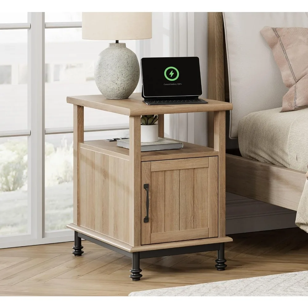 

WAMPAT End Side Charging Station, Slim Side Table with Storage Cabinet, Wooden Nightstand with Metal Legs
