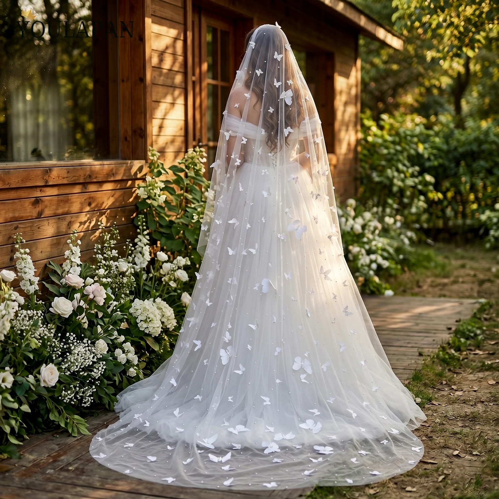TOPQUEEN 3D butterfly Wedding Veil with Pearls Bridal Veils velos de novia largos Bridal Veil Veu Long Wedding 3 Meters V356