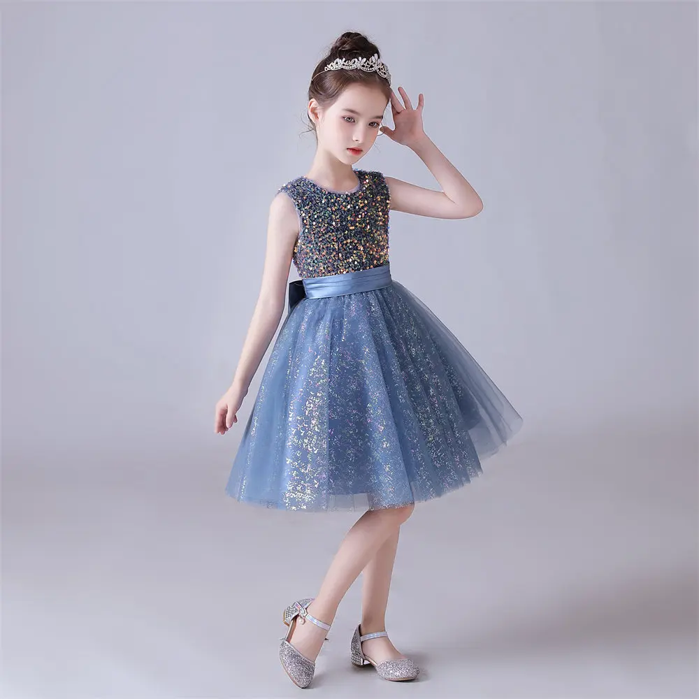 Robe bleue à col rond pour filles, avec nœud brillant, en tulle et paillettes, tenue de princesse formelle pour anniversaire