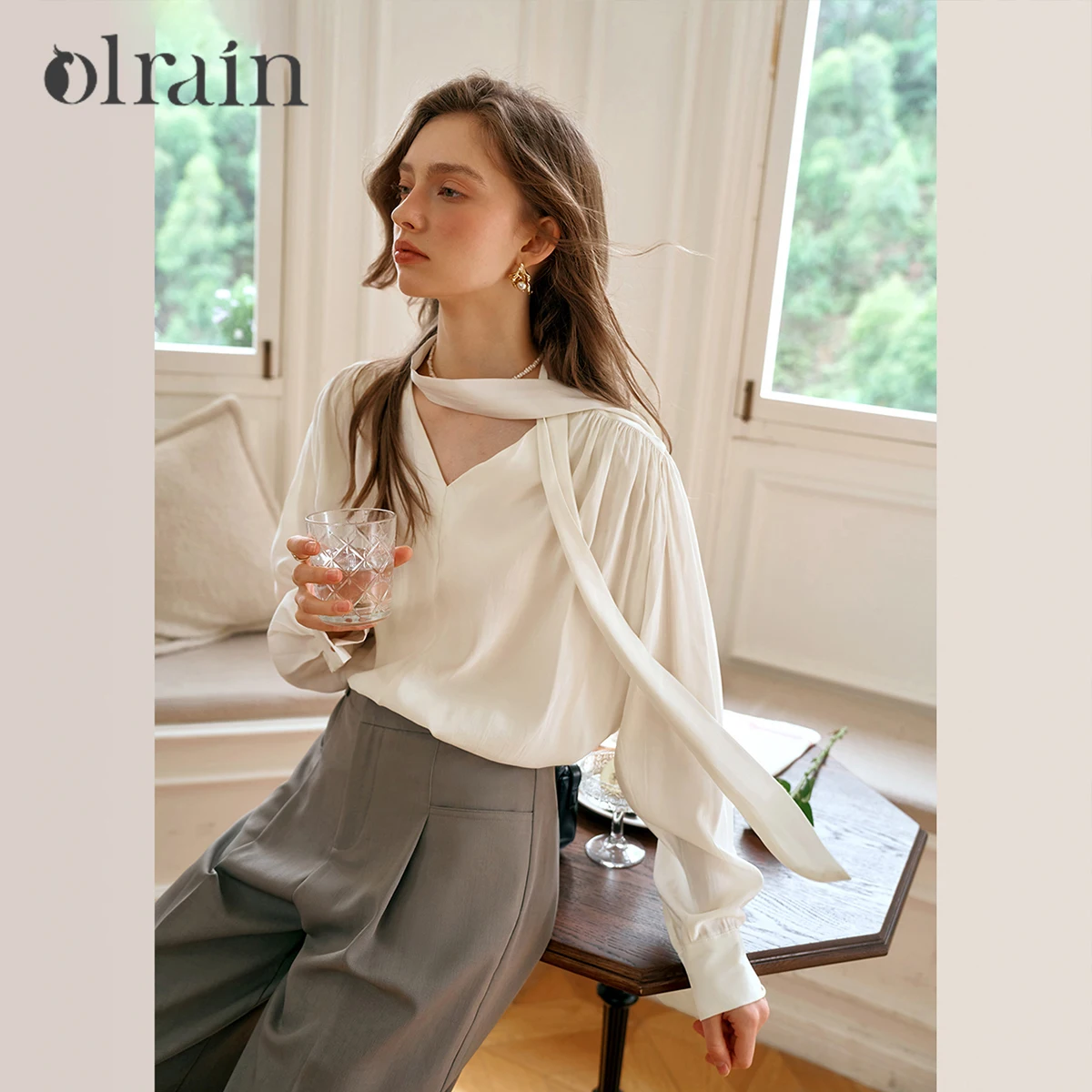 

OLrain Long Sleeve Shirt Women 2026 Autumn New V-Neck Lace-Up French Style Apricot Ladies Blouses Fashion Female Top M56QC88551