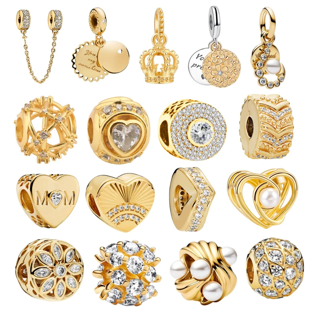 

Original 925 Sterling Silver Gold-plated Bead Heart Crown Design Charms DIY charm Bracelet Accessories Pendant Women Jewelry