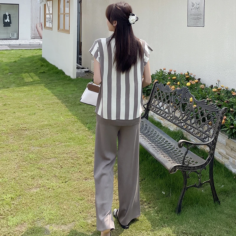 Loose Vertical Stripes Polo Neck Short Sleeve Top Wide Leg Pant Knit 2-Pieces Set Women Clothing Casual Office Lady Suit French