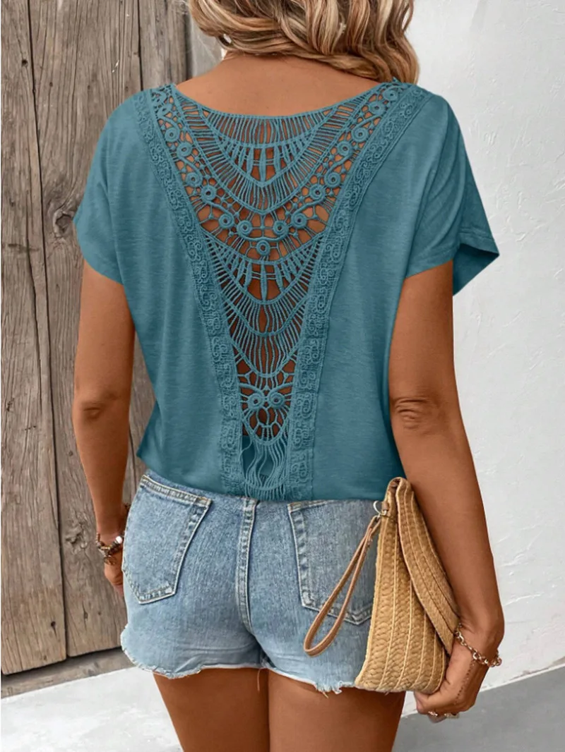 

Women's Casual Back Hollow Pullover Tshirt For Spring And Summer 2025 New Lace Splicing Round Neck Short Sleeved T-shirt Tops