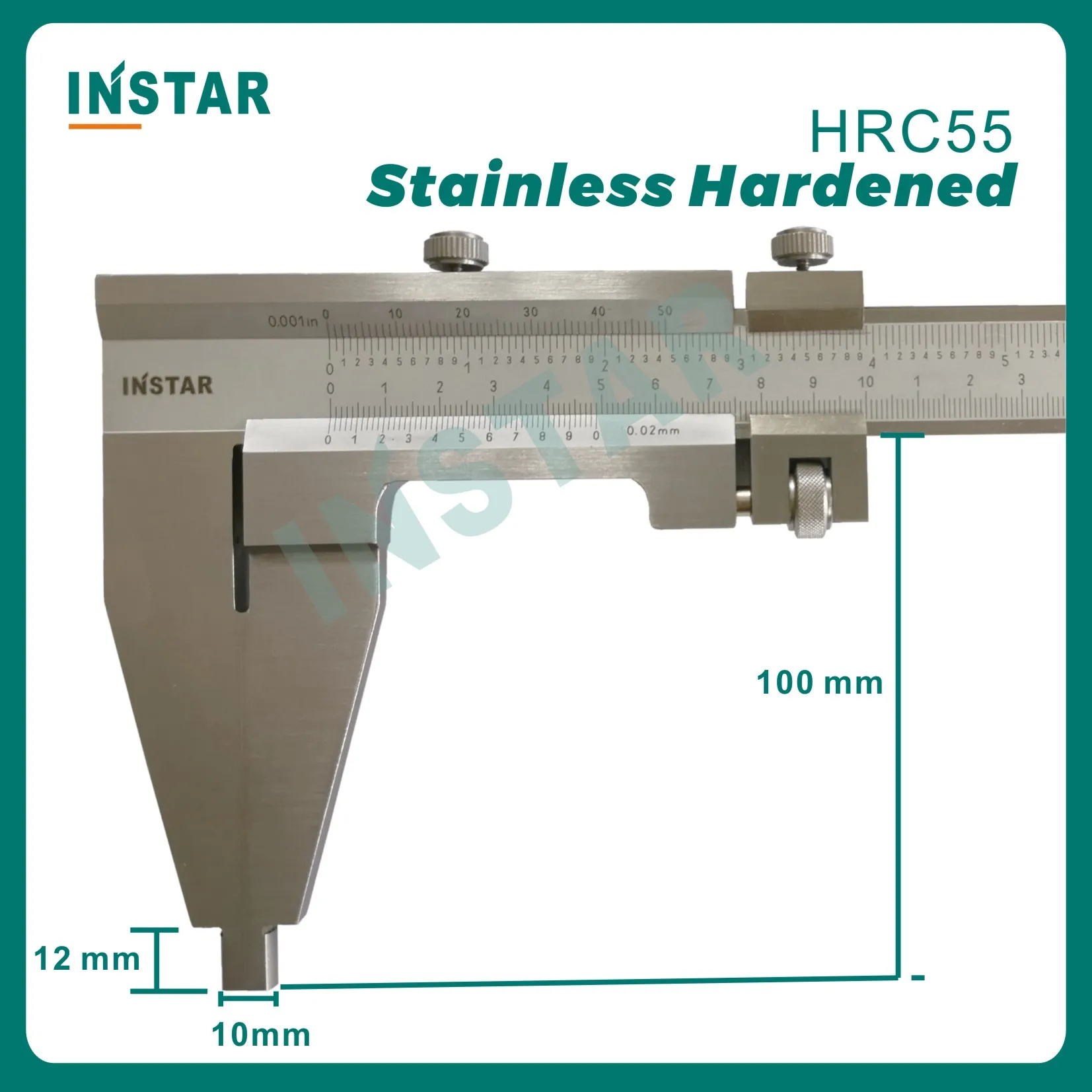 Imagem -03 - Instar-large Vernier Caliper iv 0600 mm 0.02 mm 024 Jaw 100 mm Padrão Din Aço Inoxidável Métrica Endurecida e Polegada Escala