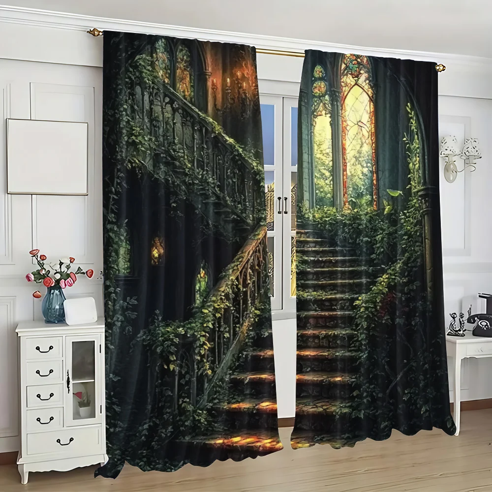 2pc,  Scene Curtains Ancient stone steps Fabric,Without Electricity Spring Party & Holiday Decor Applies to Multipurpose Various