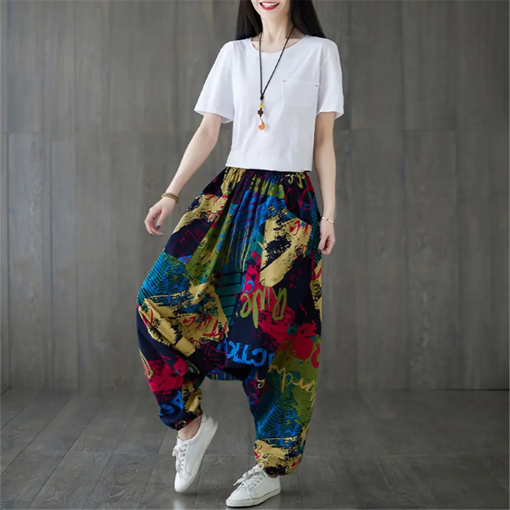 

Women Cotton Sarouel Oversized Harem Pants Drop Crotch Yoga Trousers Boho Ethnic Bloomers