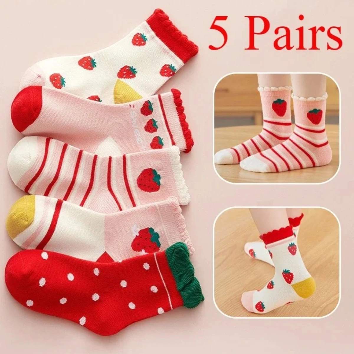 5 Paar mittellange Socken, Blumensocken, Mädchen-Babysocken, Kinder 1–8 Jahre, Baumwollstrümpfe mit Blumen-/Obstmuster