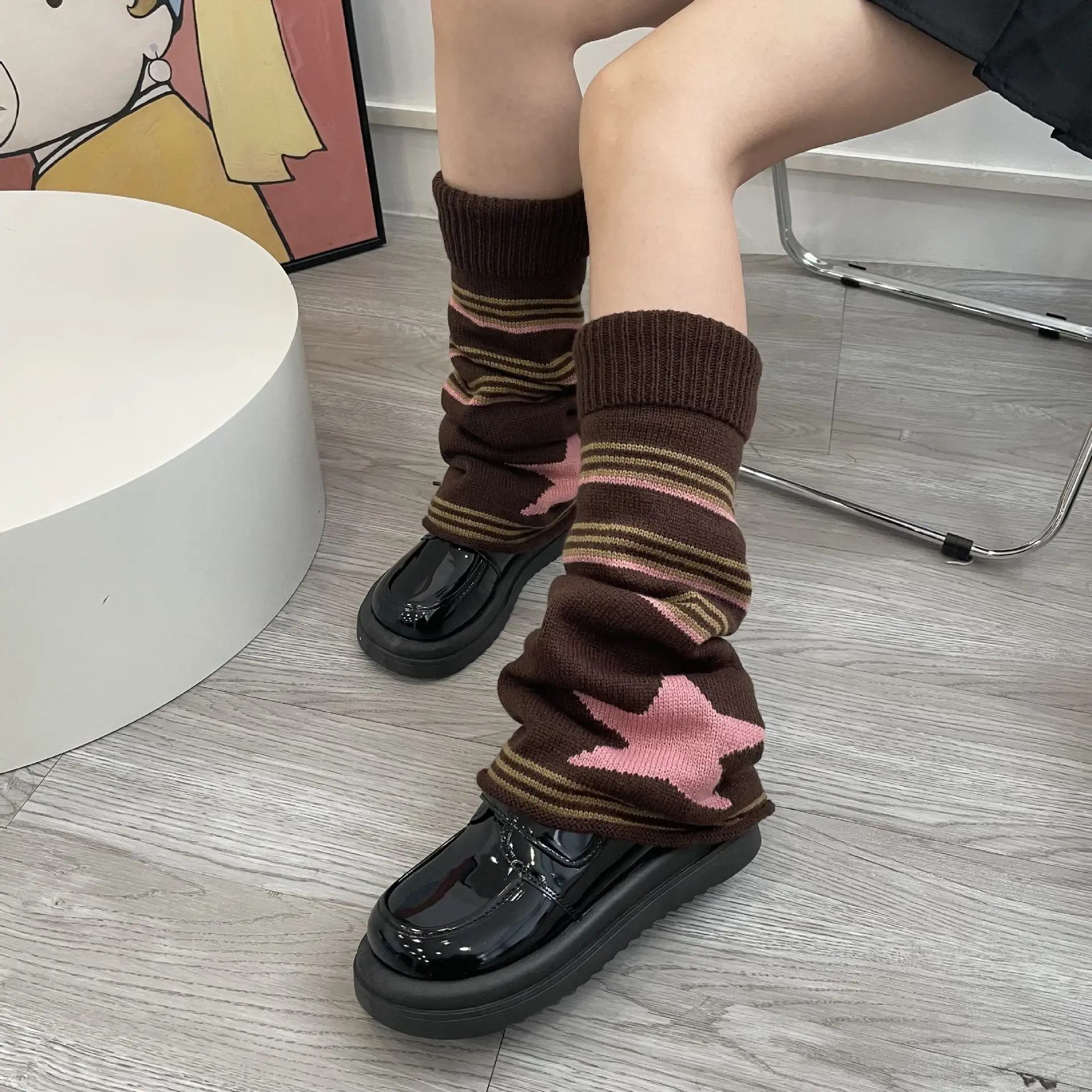 Striped Star Brown Double-sided Flared Leg Warmers Knit Y2K Wide Leg Pile Socks Gothic Japanese Harajuku Winter Leg Warm Socks