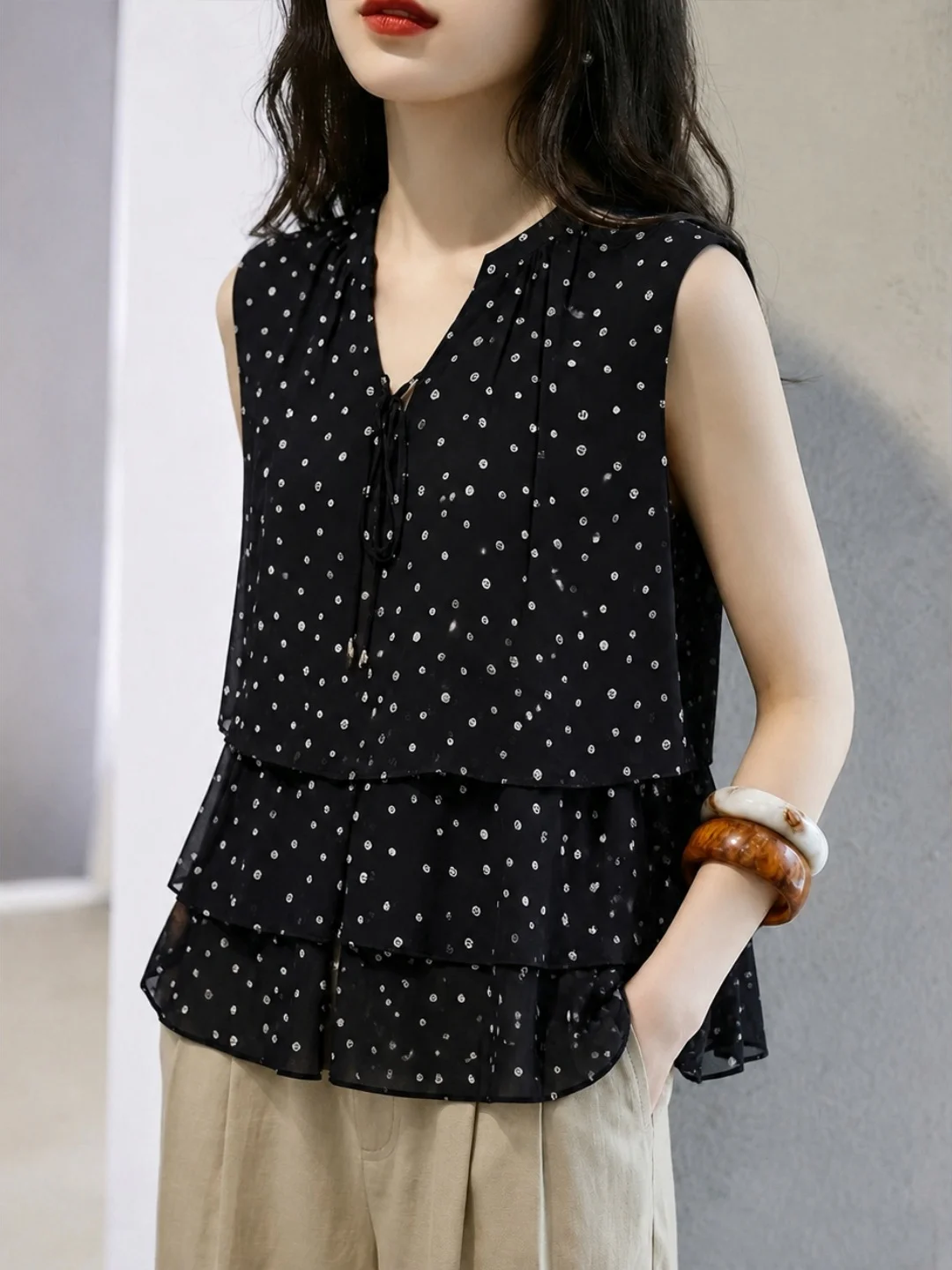 Elegant Polka Dot Vest Design Casual Sleeveless Summer Loose Women's Top Commute Style Micro Stretch Daily Wear