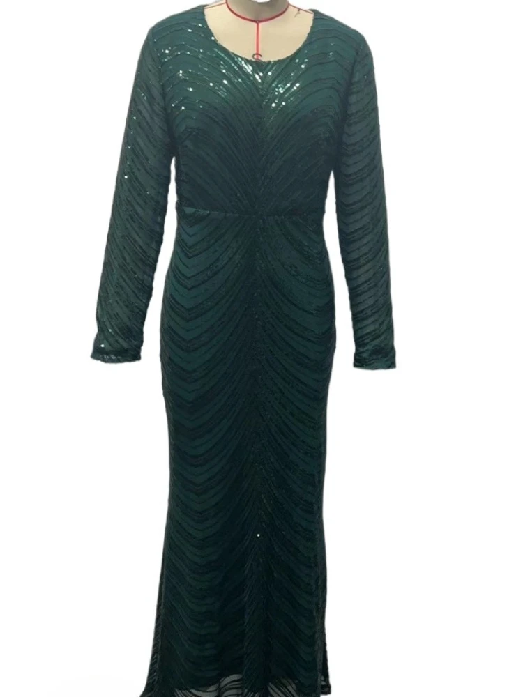 

Elegant Round Neck Sequined Mermaid Long Formal Evening Dress With Long Sleeves Green