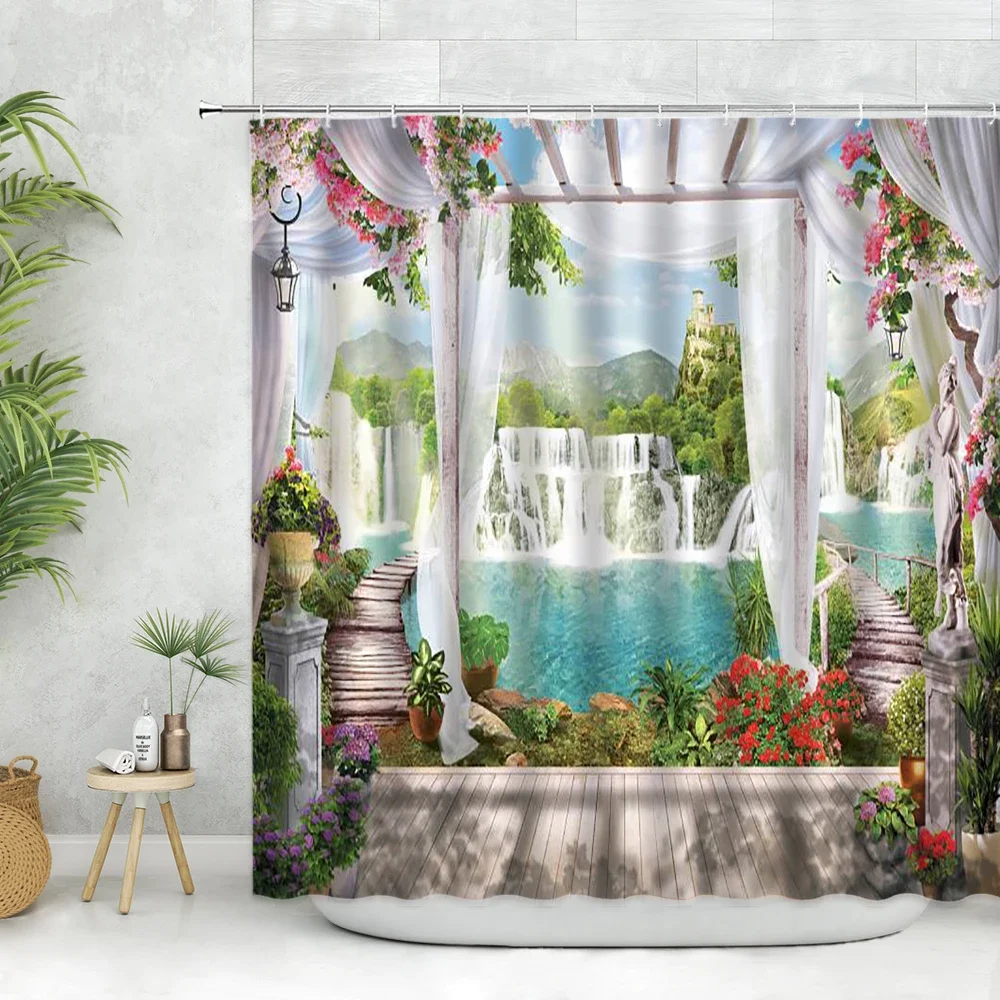 European Style landscape Shower Curtain Sets Flowers Green Plants Waterfall Spring Scenery Wall Decor Bathroom Bathtub Curtains