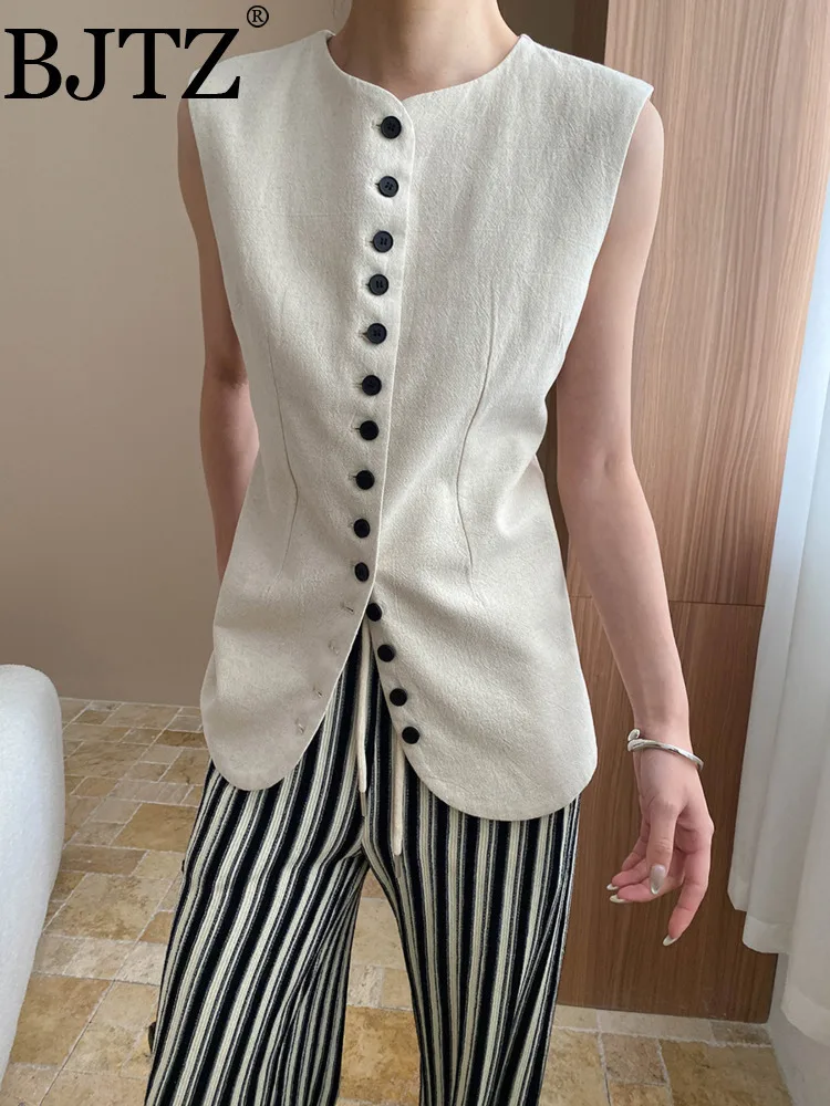 

BJTZ Linen Multi Single Breasted Waist Slimming Blazer Vest For Women 2025 Summer Trendy New O-neck Sleeveless Woman Top Fashion