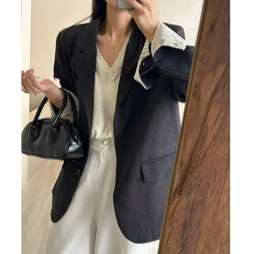 

Women's Suit Jaet Korean Sle Commute Quali Fabric oulder Pad Cuff Stripe Faion Top Long Sve Regular Length