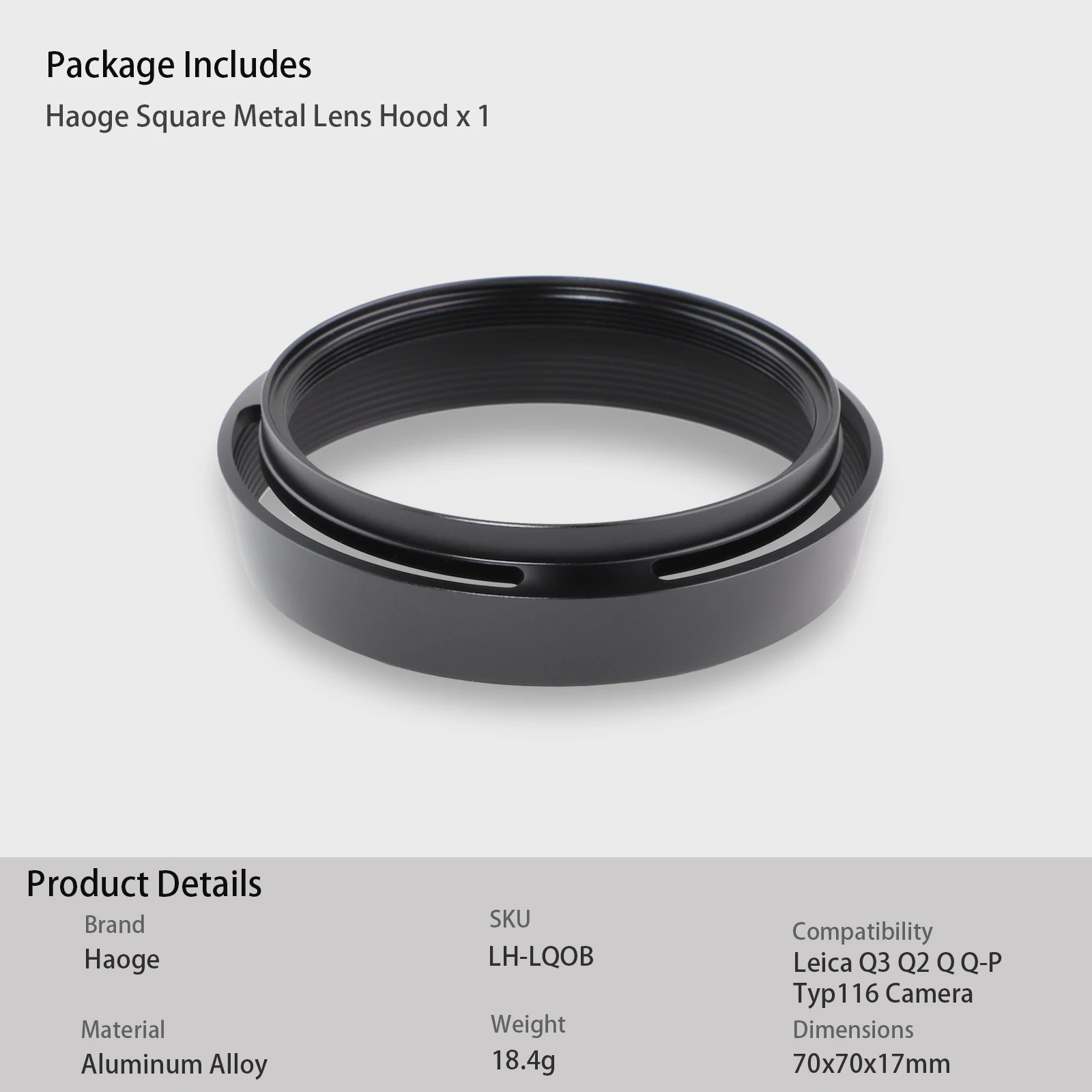 Haoge LH-LQ Metal Lens Hood Shade with Cap for Leica Q3 43 Q3 Q2 Q Q-P QP Typ 116 Typ116 Camera Black