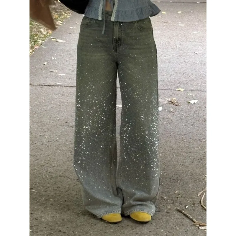 

Женские джинсы в стиле ретро, осенне-зимние, повседневные, с блестящими стразами, прямые, из денима, для работы и отдыха, свободного кроя