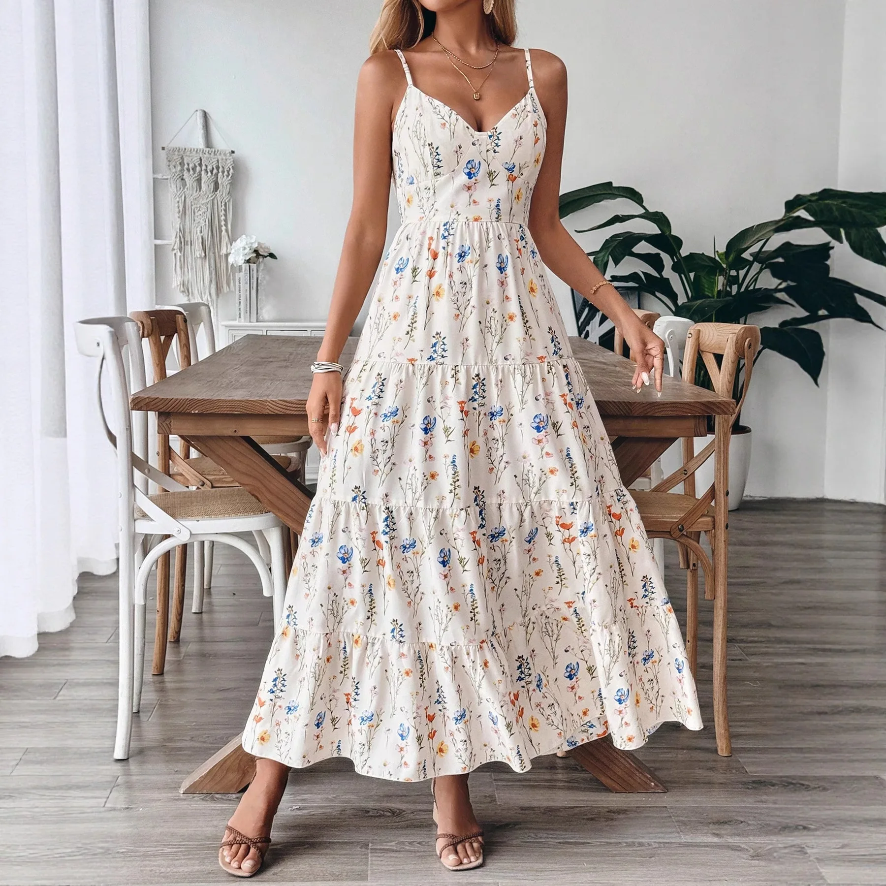 

Sexy Summer Suspender Dress Spring Summer Fashionable Elegant Casual Loose Resort Style Sleeveless Mid-Waist V-Neck Long Dresses