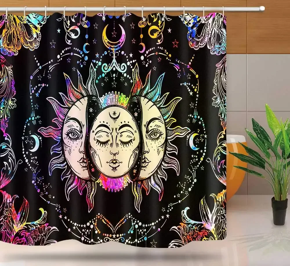 Mandala Celestial Shower Curtain Boho Moon Star Black and White Waterproof Polyester Fabric Bathroom Curtains Home Decor Hooks