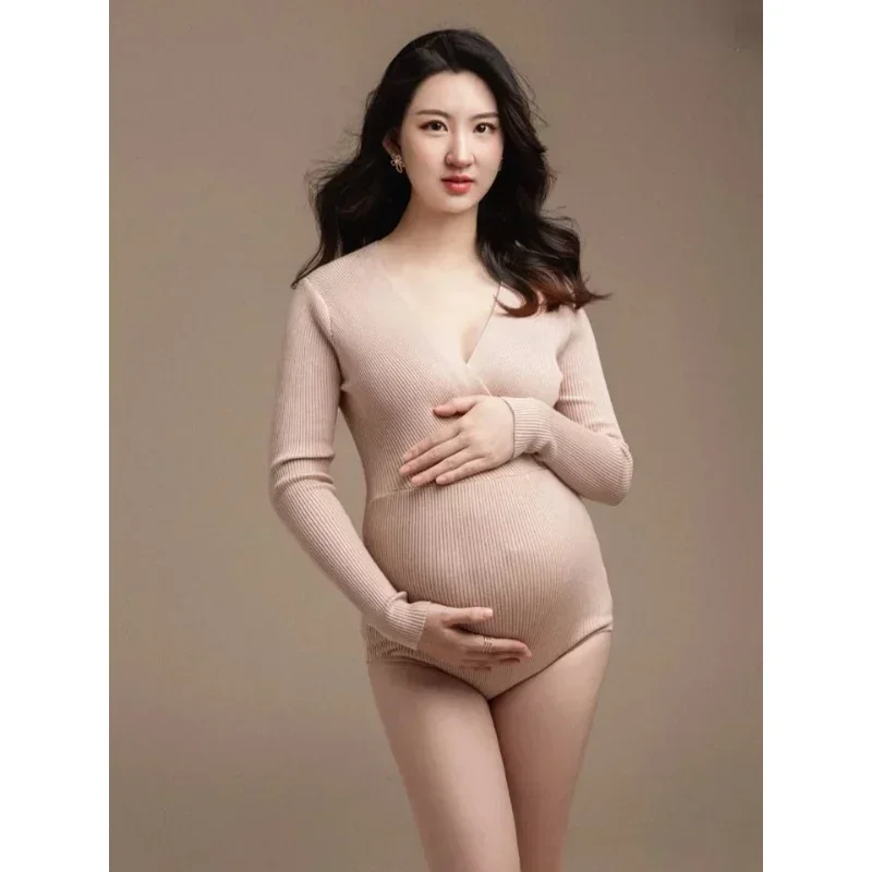 Maternity Photography Dresses Solid Color  Knitted Long Sleeves Onesie Jumpsuit Women Pregnant Clothing