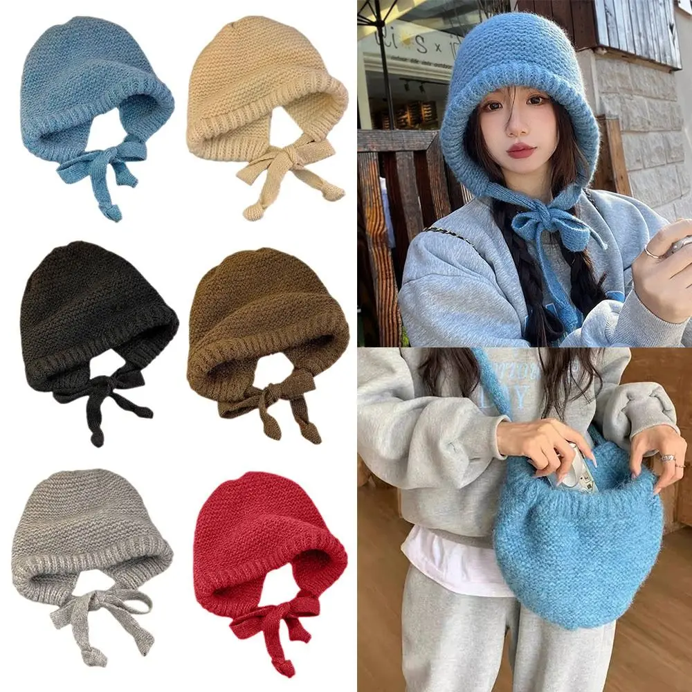 Gorro tejido con protección para los oídos a la moda, correa cálida, cuerda a prueba de viento, bolsa de lana, sombrero, jersey, sombrero para mujer