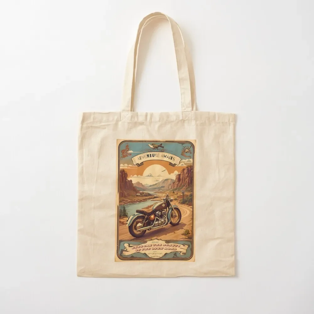 Vintage Motorcycle Adventure Poster: Explore the Open Road Tote Bag tote bags cloth bags shopper bag woman Tote Bag