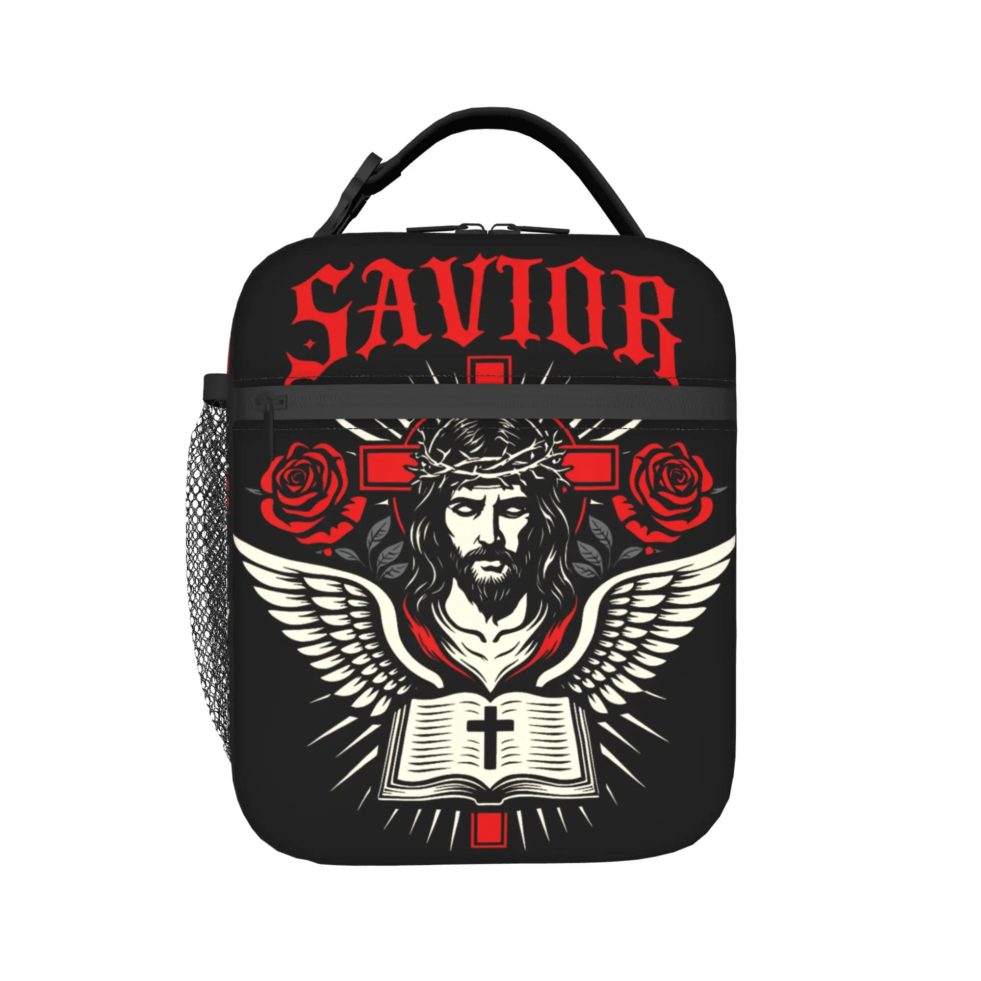 Jesus Savior Cross Roses Bible Gothic Christian Faith Lunch Bag  Portable Lunch Box Adult Print Cooler Bag Thermal Tote Handbags